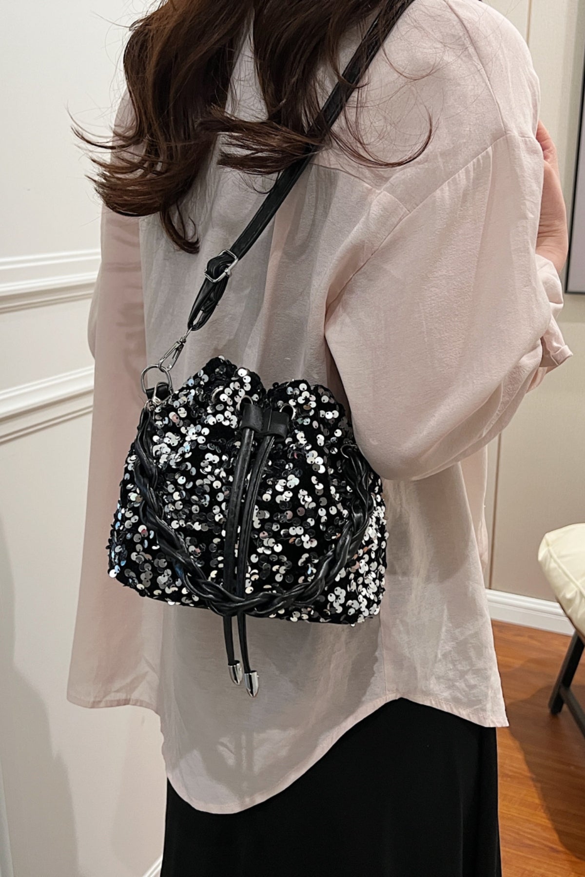 Sequin Drawstring Bucket Bag